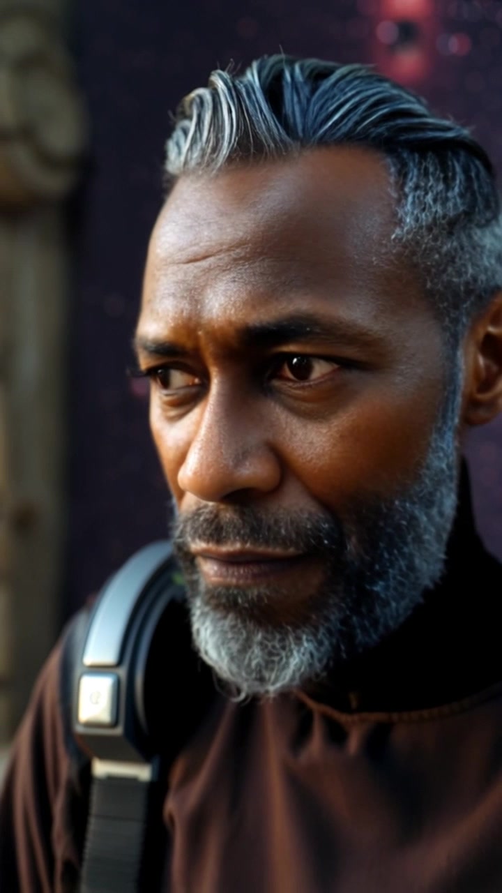 Subject: A contemplative Village Elder, middle-aged with a dark gray beard. Subject movement: He shifts his gaze thoughtfully to the side, brows furrowed as if pondering a weighty decision. Scene: An intimate setting within a rustic village hut, adorned with traditional artifacts and soft, warm tones. Lighting: Ambient lighting filtering through a small window, casting gentle shadows that enhance the elder's weathered features. Motion: The camera captures a slow push-in towards the elder's face, emphasizing his expressions while smoothly transitioning from the surroundings.