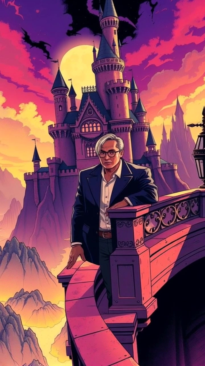 Subject: A regal figure, Raja Laksamana, standing on the balcony of a majestic castle, surveying his kingdom. Subject movement: The figure stands still, with a slight breeze causing the fabric of his garments to ripple gently. Scene: An ornate castle perched atop a hill, with sweeping views of the sprawling kingdom below, dotted with lush greenery and winding rivers. Lighting: Golden hour sunlight casting an ethereal glow on the castle walls and the landscape. Motion: The camera slowly pushes in towards the balcony, capturing the intricate details of the castle architecture while maintaining a majestic overview of the kingdom beneath.
