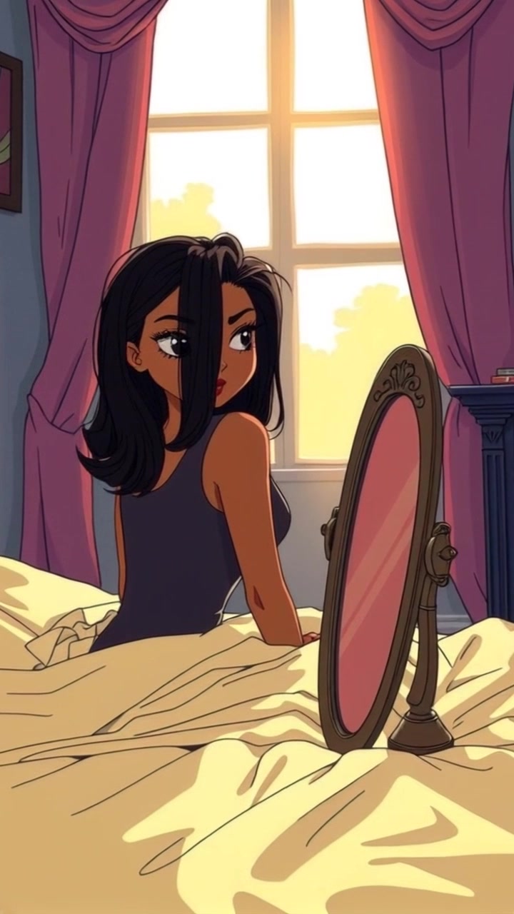 Subject: Rina seated on her bed, lost in thought as she gazes at her reflection in the mirror. Scene: A cozy bedroom illuminated by warm morning light pouring in through the window, casting soft shadows and creating a serene atmosphere. Motion: The camera slowly pushes in towards Rina, capturing her contemplative expression while gently swaying to emphasize the tranquility of the moment.