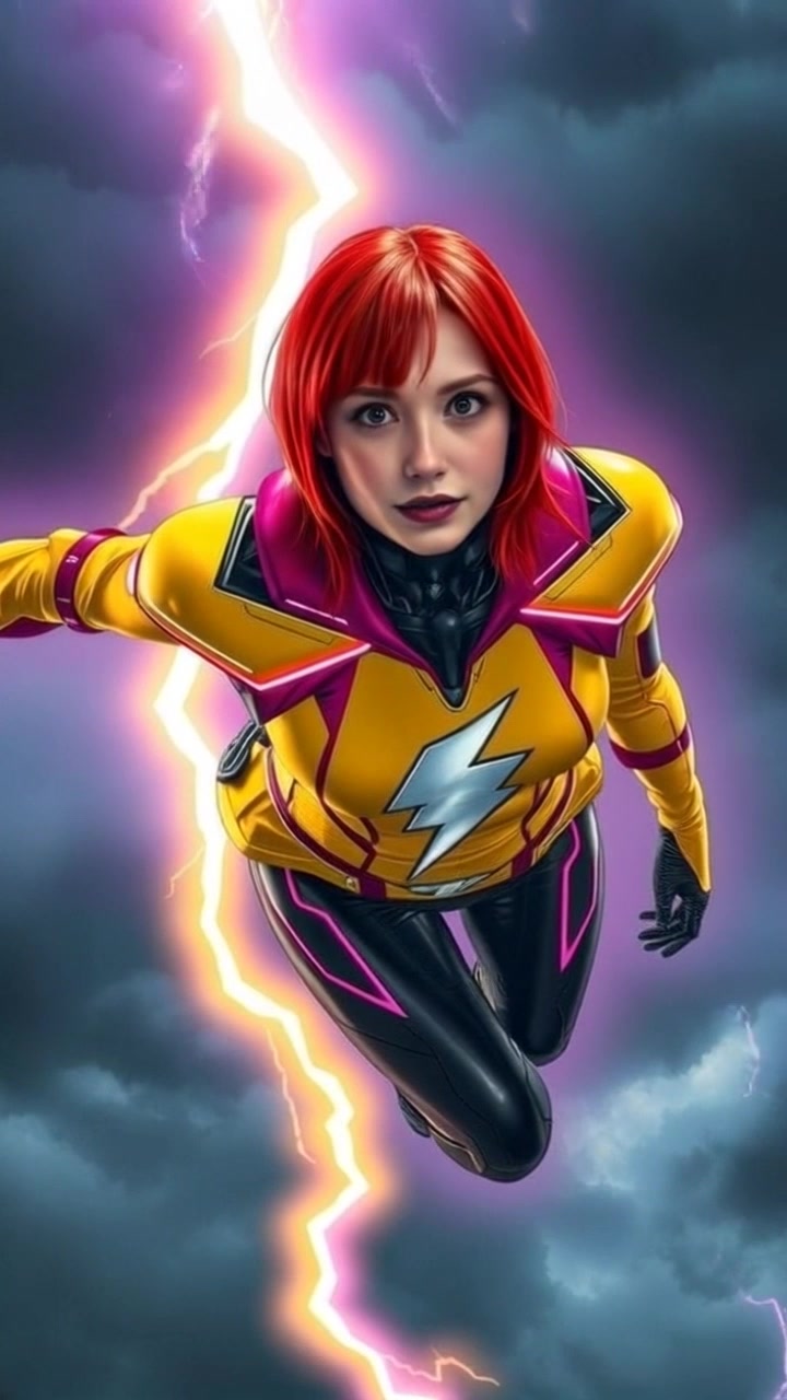The Lightning Bolt Superhero soaring through a stormy sky, surrounded by dark clouds and flashes of lightning.