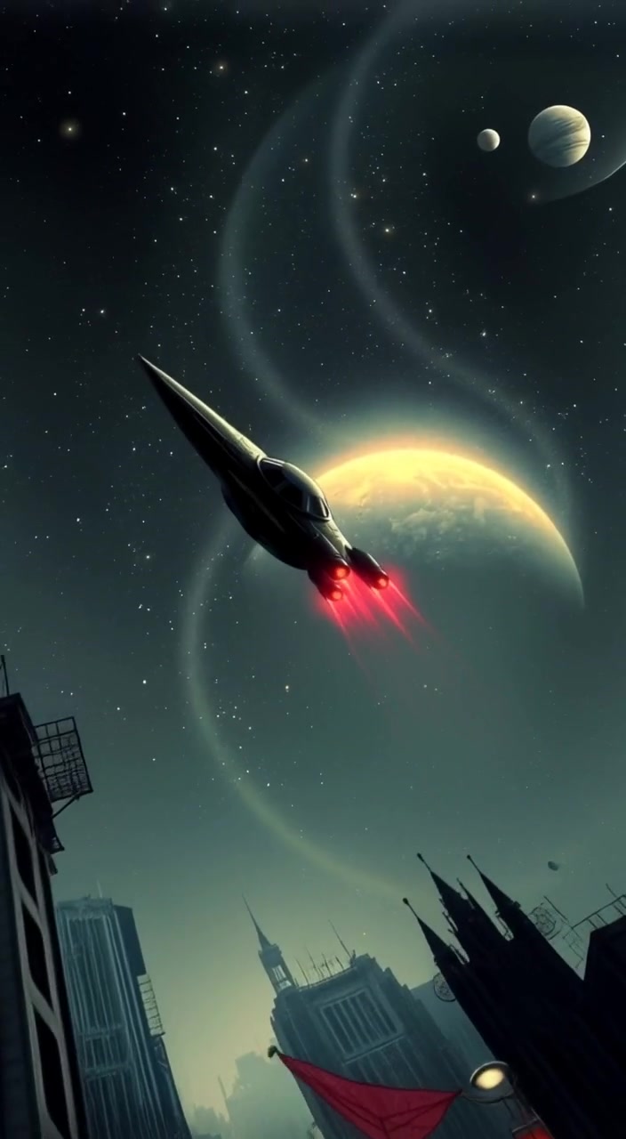 The spaceship glides smoothly through a vast galaxy, vibrant stars twinkling and distant planets slowly rotating in the backdrop.