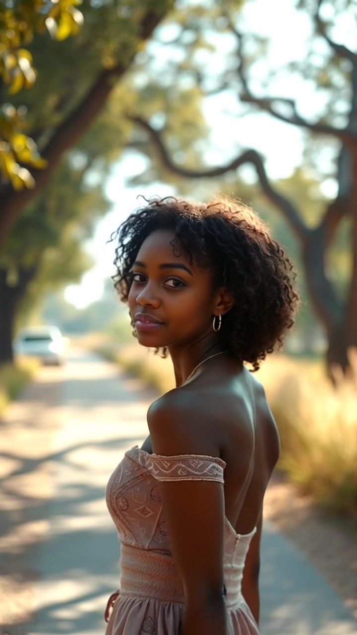 Subject: A confident figure walking along a sun-dappled path. Subject movement: The figure strides forward with her head held high, embodying grace and determination. Scene: A serene pathway lined with trees, sunlight filtering through the leaves, casting playful shadows on the ground. Style: Morning light creates a warm, inviting atmosphere with bright highlights. Motion: The camera smoothly tracks alongside the walking figure, capturing her poise as it alternates between close-ups and wider shots to frame the lush surroundings.