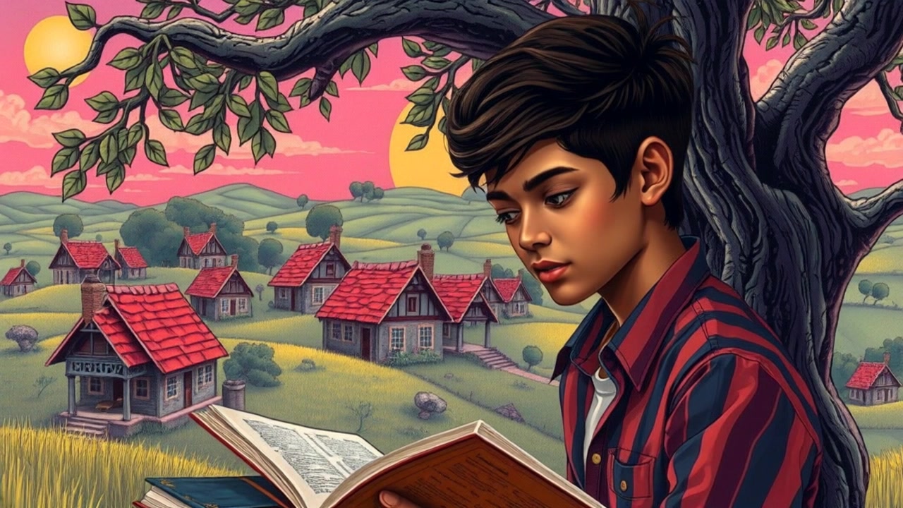 A small village in the countryside with traditional Indian houses, scattered green fields, and a boy studying under a tree, surrounded by old books.