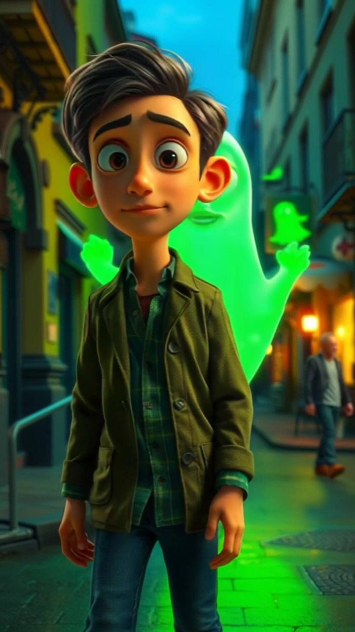Tariq walks in the streets illuminated by the ghost's eerie green glow.