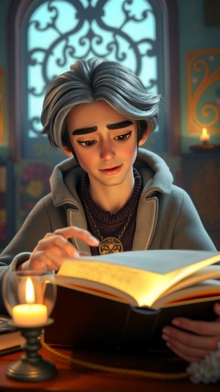 Tariq opening an old book, illuminated by candlelight, revealing ghost stories.