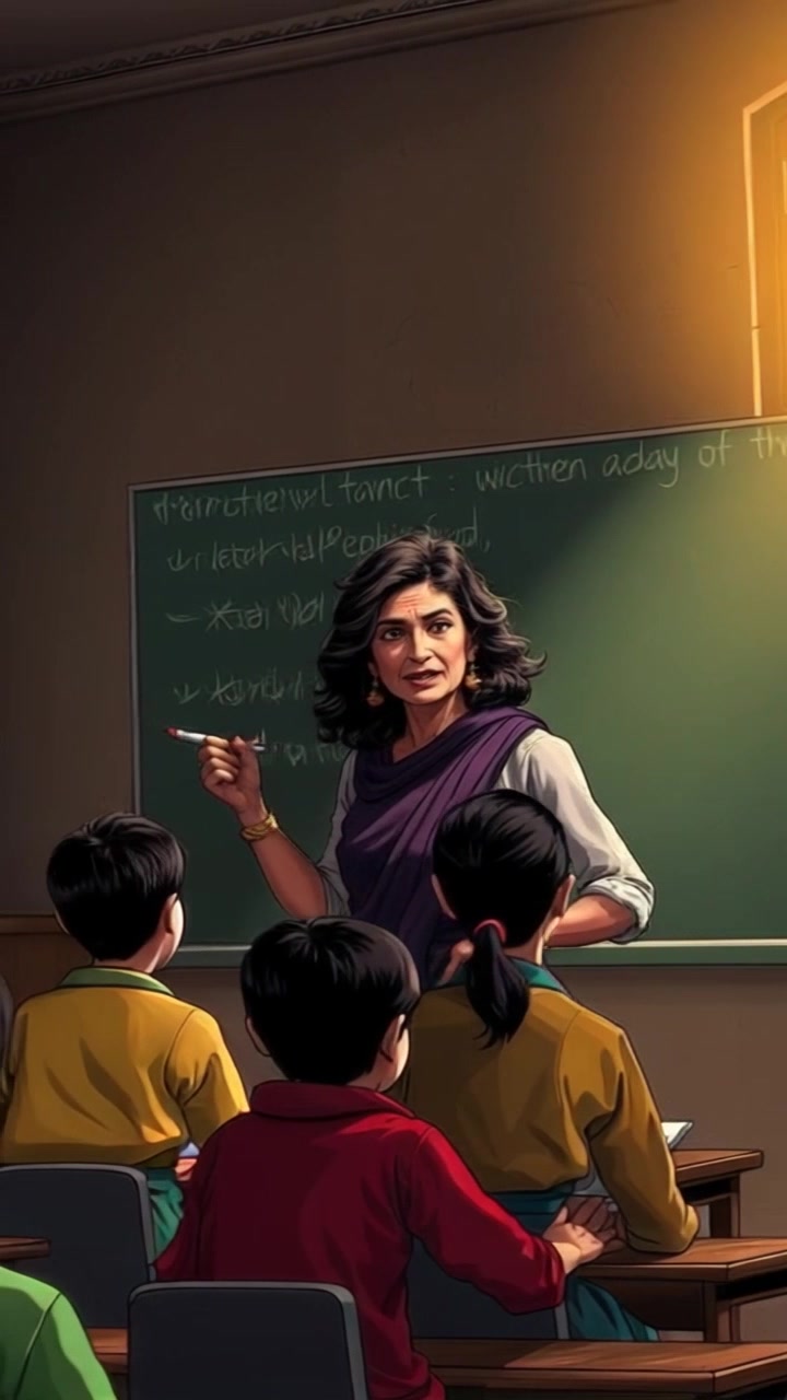 Scene: A teacher enthusiastically instructing a group of engaged children in a bright classroom, with a blackboard covered in colorful drawings and sunlight streaming through the large windows. Style: Warm, natural lighting enhances the inviting and cheerful atmosphere of learning. Motion: Camera gently pans across the room, capturing the interactions between the teacher and her students, highlighting their expressions and reactions to the lesson.