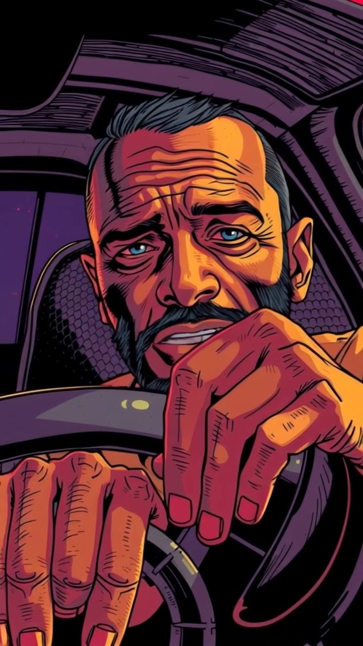 Subject: A tense boyfriend gripping the steering wheel of a bakkie. Subject movement: His hands tighten around the wheel, suggesting his agitation. Scene: Inside a rugged bakkie, the view shows the dashboard and window blurred in the background, emphasizing the grip of his hands. Style: Moody, with dim interior lighting creating stark contrasts. Motion: The camera performs a close-up push in on his hands, capturing the tension in his grip, then slowly tilts to reveal the rearview mirror reflecting his strained expression.