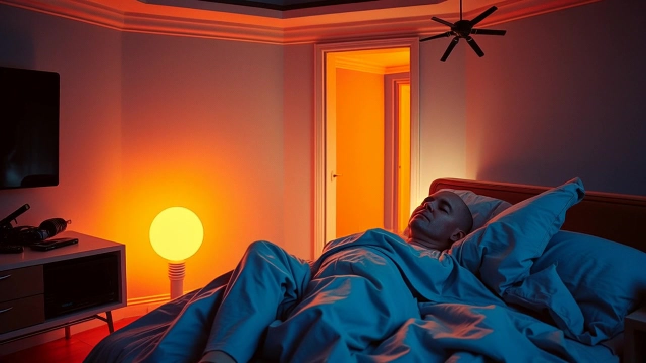 A cozy bedroom with soft lighting, a bed with blue sheets and a person in pajamas sleeping.