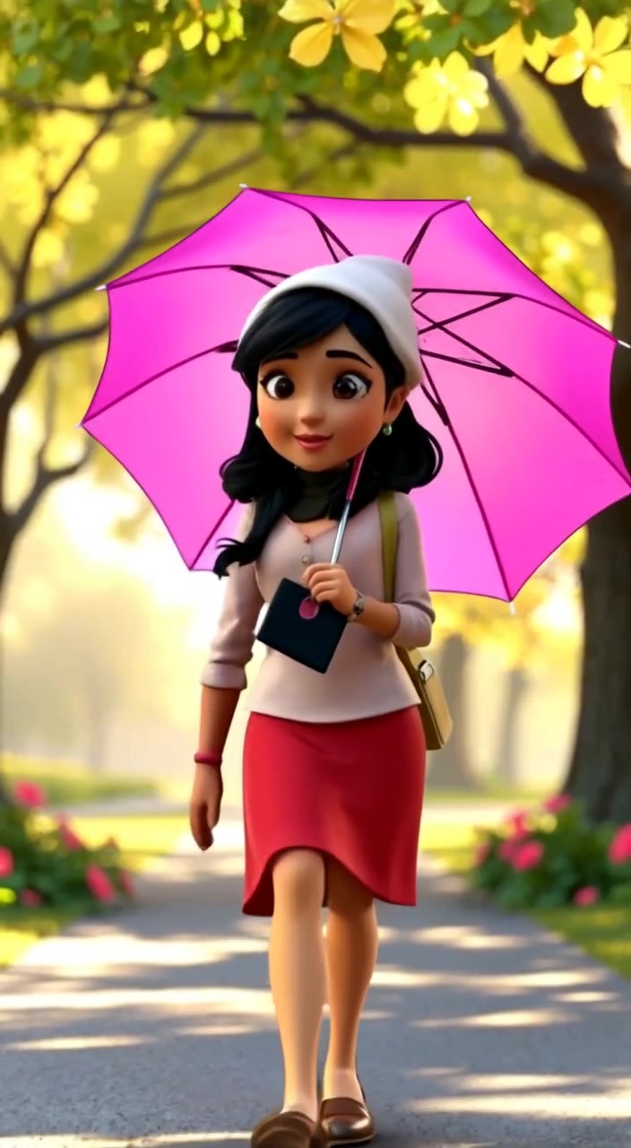 The woman strolls gently through a sunny park, her pink umbrella tilted gracefully as flowers sway in the breeze.