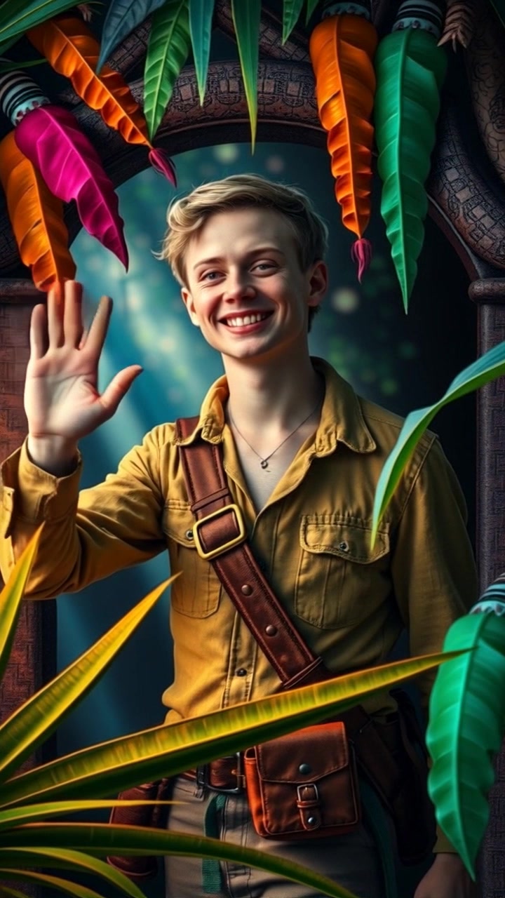 Simon in an explorer's outfit waving from a colorful jungle entrance.