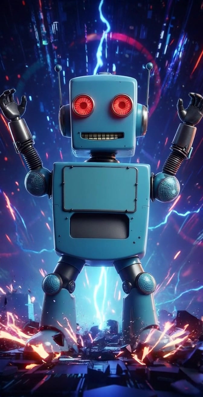 Robotic Voice standing triumphantly over a defeated beast, pieces of the beast scattered around on the ground.