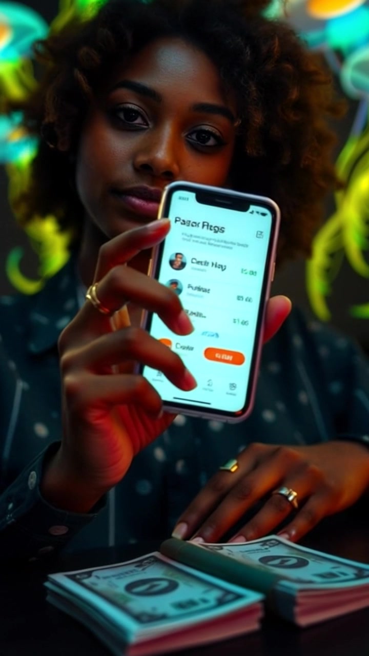 Scene: A close-up view of a hand holding a smartphone displaying app notifications, with a stack of cash visible on a table. Style: Soft, ambient lighting that highlights the textures of the cash and the smartphone screen. Motion: The camera gently pushes in on the hand and phone, focusing on the notifications as they briefly animate to emphasize urgency.