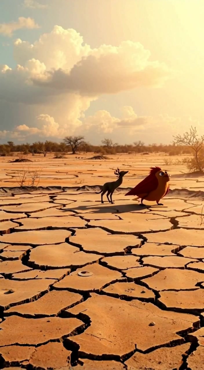 A gentle breeze moves through the dry landscape, shifting the sparse vegetation on the cracked earth.