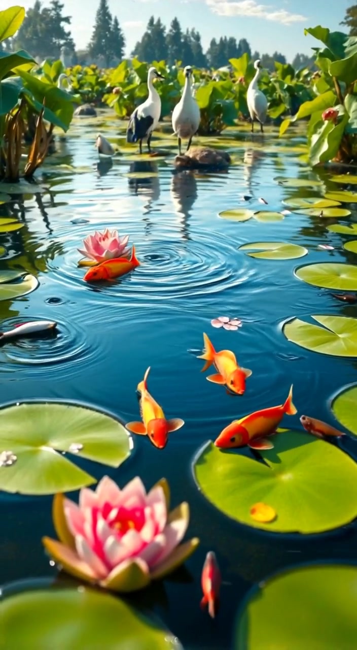 Gentle water ripples move over lily pads as colorful fish dart beneath the surface.