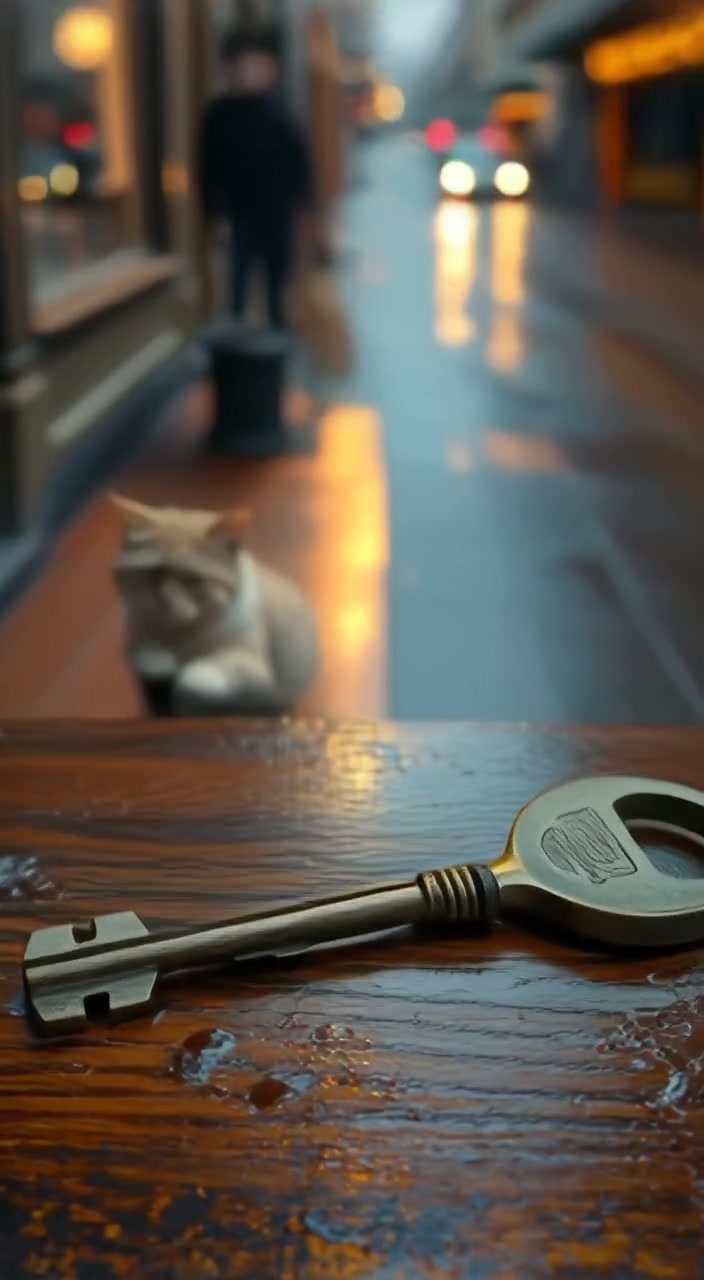 Sunlight gently shifts across an old key lying on a wooden table, highlighting its intricate details.