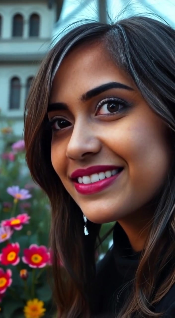 The woman smiles gently, flowers swaying softly in the breeze behind her.