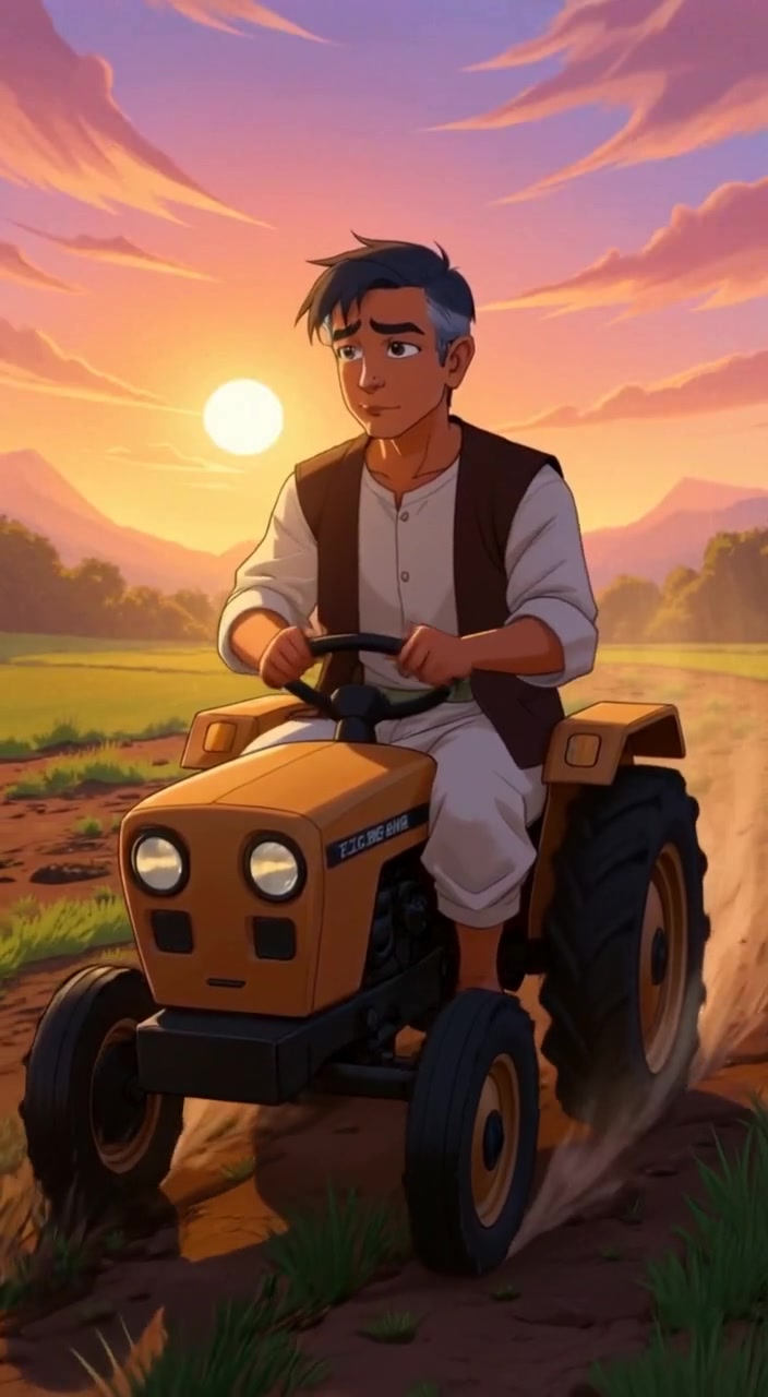 The tractor methodically moves through the field, plowing the soil under a clear blue sky.