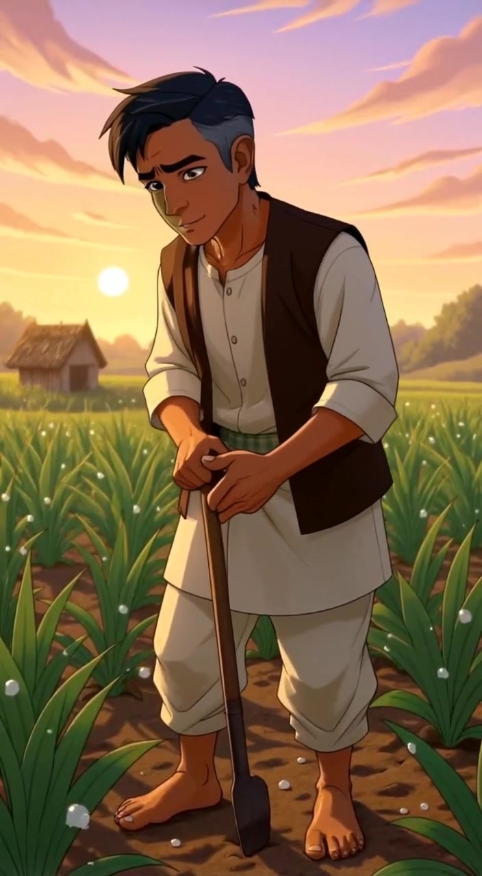 The man gently tends to the crops, sunlight casting long shadows upon the vibrant green field.