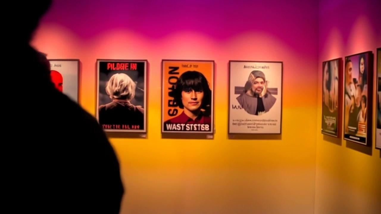 Scene: A modern art gallery displaying milestones in a renowned entrepreneur's career, featuring posters showcasing various innovative projects. Style: Ambient lighting enhances the vibrant colors of the posters, creating an engaging atmosphere. Motion: The camera glides smoothly through the gallery, panning across the exhibits to highlight the details of each poster, capturing the essence of groundbreaking ideas and achievements.