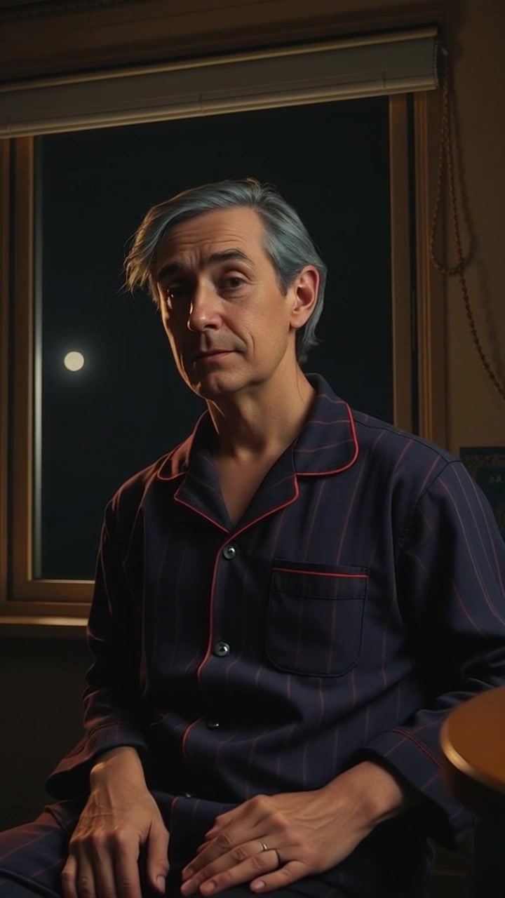 Alfred, wearing cozy pajamas, sits alone in a dimly lit room, glancing out at the dark night. Slowly zoom in on Alfred's contemplative expression as he gazes out the window into the darkness. The camera movement should be smooth and emphasize the stillness of the scene. Low light and shadows create a mysterious and introspective atmosphere.