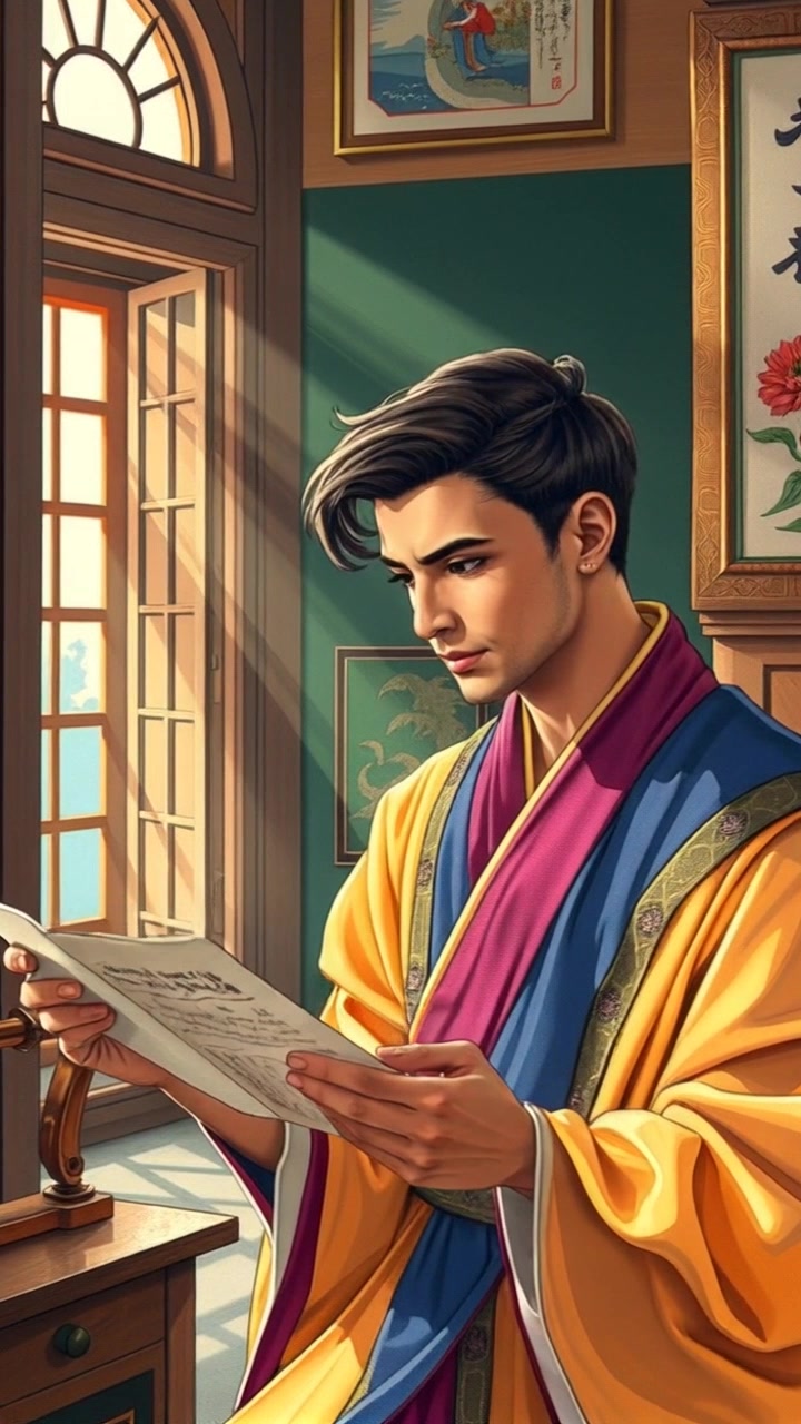 Subject: A person examining a mysterious ancient document. Subject movement: The person leans forward intently, flipping through the pages and occasionally glancing up as if revealing secrets. Scene: An open room filled with soft sunlight streaming through the windows, illuminating the document and casting gentle shadows across the floor. Style: Warm, inviting morning light that enhances the textures of the document and the room. Motion: The camera smoothly pushes in closer to capture the intricate details of the document as the person's hands gently turn its pages.