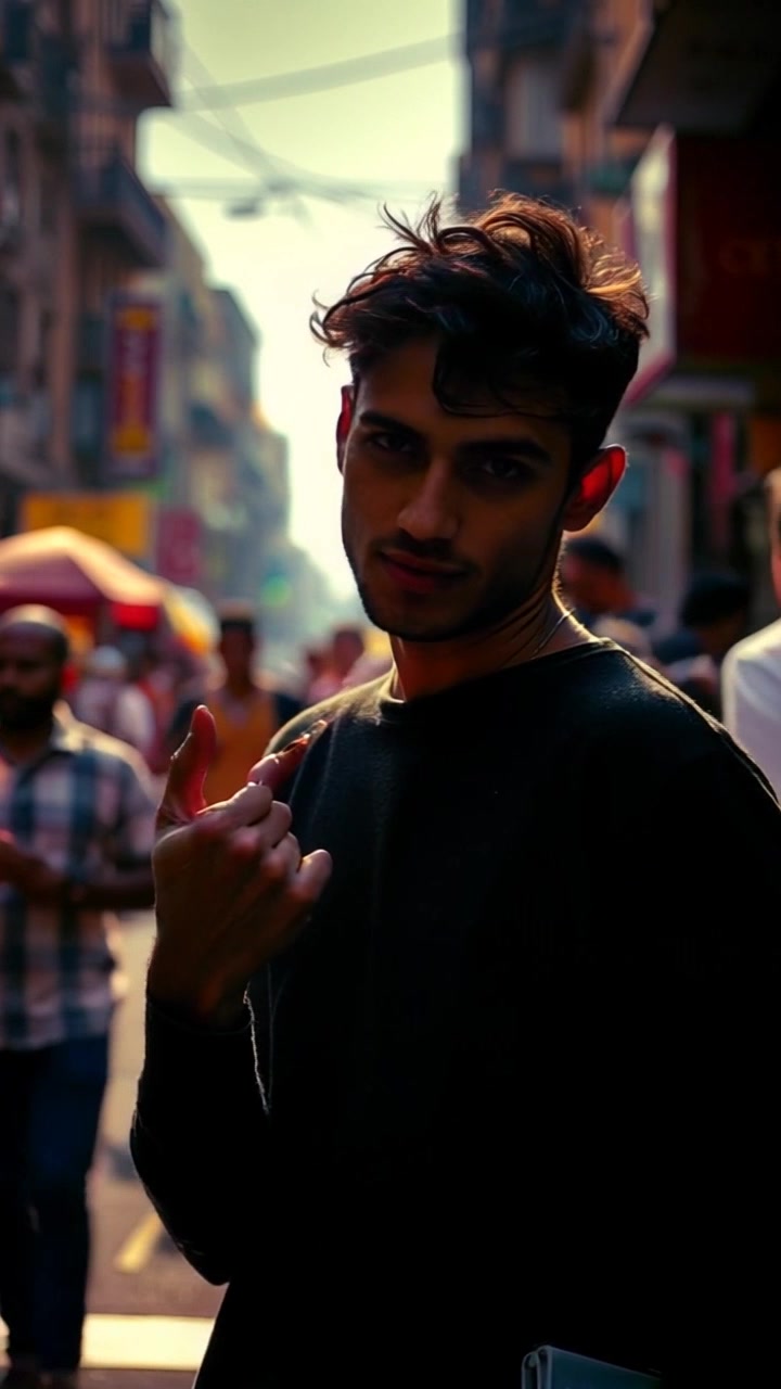 Subject: A person standing in a busy street, facing the viewer and gesturing with one hand. Subject movement: The person gestures animatedly while maintaining a confident stance amidst the vibrant chaos. Scene: A bustling urban street filled with people and colorful storefronts, with traffic moving in the background. Style: Bright, daylight lighting that captures the energy of the city scene. Motion: The camera performs a dynamic close-up on the person, then smoothly pulls back to reveal the surrounding activity, immersing the viewer in the lively atmosphere of the street.