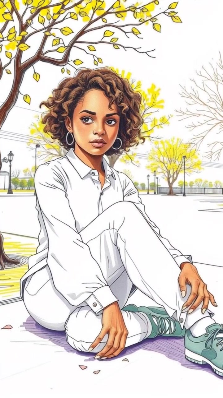 An athlete girl sitting on the ground with a determined expression, looking slightly downcast in a park. Slowly pan up from her sneakers to reveal her focused gaze. Soft sunlight filters through the trees, creating a serene atmosphere.