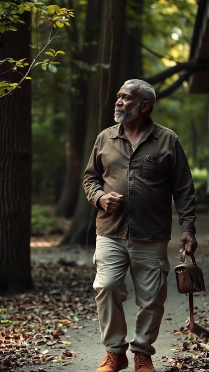 Subject: Ki Buyut Kabuka walking thoughtfully through a lush forest. Subject movement: The figure strides steadily, gently shifting their gaze from side to side, taking in the serene beauty around them. Scene: Dense green forest filled with sunlight dappled through the leaves, where vibrant flora and soft moss create an inviting atmosphere. Style: Bright, natural lighting enhances the vivid colors of the forest and soft shadows play along the path. Motion: The camera follows a smooth tracking shot alongside Ki Buyut Kabuka, maintaining a close perspective as they navigate through the trees, inviting viewers to share in their moment of contemplation.