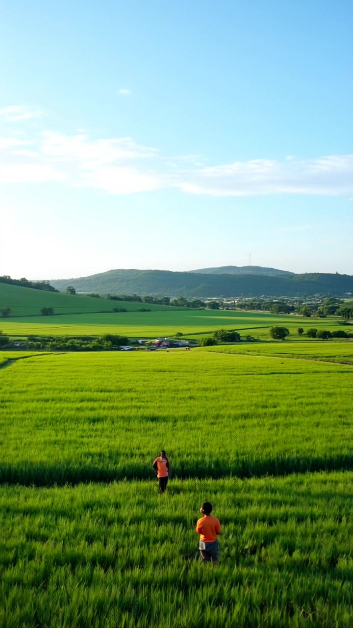 Subject: A young man from Kenya standing in lush green fields. Subject movement: He gazes thoughtfully towards the horizon, shifting his weight slightly from one foot to the other. Scene: Expansive, vibrant green fields with distant hills under a bright blue sky. Style: Morning light illuminating the landscape with a fresh, energetic feel. Motion: Camera starts with a close-up on the man's face, then slowly pulls back to reveal the stunning landscape around him, capturing the beauty of the fields and the sense of possibility in the expansive view.