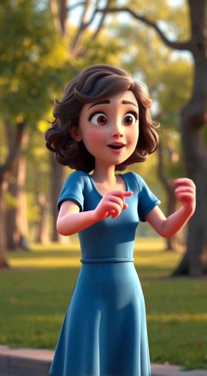 The girl in the blue dress spins around joyfully in the park, her curly hair bouncing with excitement.