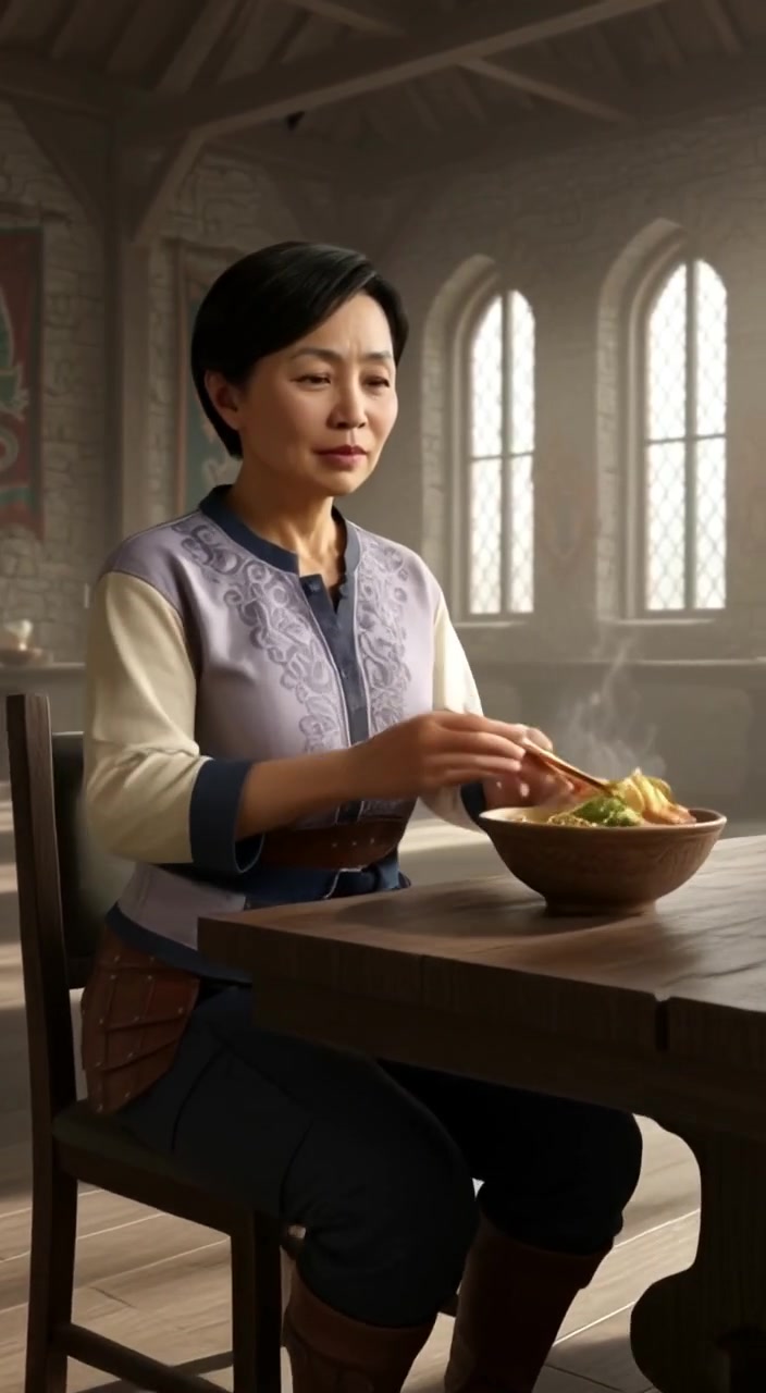A close-up of Hinata Hyuga whispering nervously to herself, with a bowl of ramen placed beside her on a table.