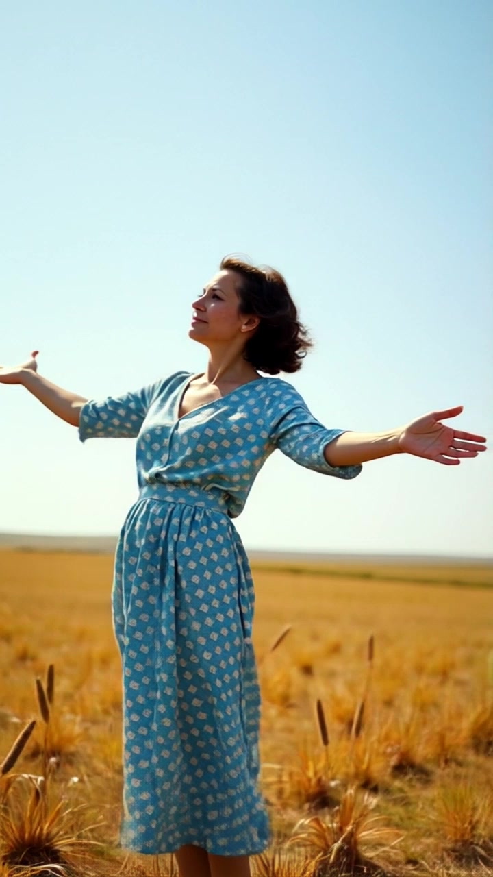 Subject: A woman standing with arms outstretched. Subject movement: She gently sways in the breeze, embodying a sense of freedom and connection to her surroundings. Scene: An open field under a bright blue sky, with lush green grass stretching towards the horizon. Style: Bright, sunny lighting that enhances the colors of the field and sky. Motion: The camera slowly circles around her, capturing her expression and the vastness of the landscape, creating an uplifting and expansive atmosphere.