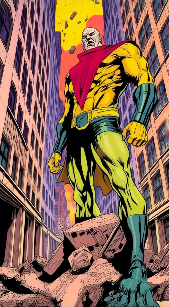 The giant stands amidst debris, letting out a deep roar that resonates through the abandoned city streets.