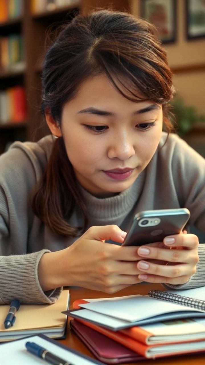 Subject: A content creator holding a smartphone, contemplating. Subject movement: The content creator shifts slightly as they look thoughtfully at the screen, occasionally glancing at the open notebooks around them. Scene: A cluttered desk filled with notebooks under soft, ambient lighting, creating an intimate and focused atmosphere. Motion: The camera performs a slow dolly-in towards the content creator, highlighting their expression and the details of the workspace, while maintaining a warm and inviting mood.
