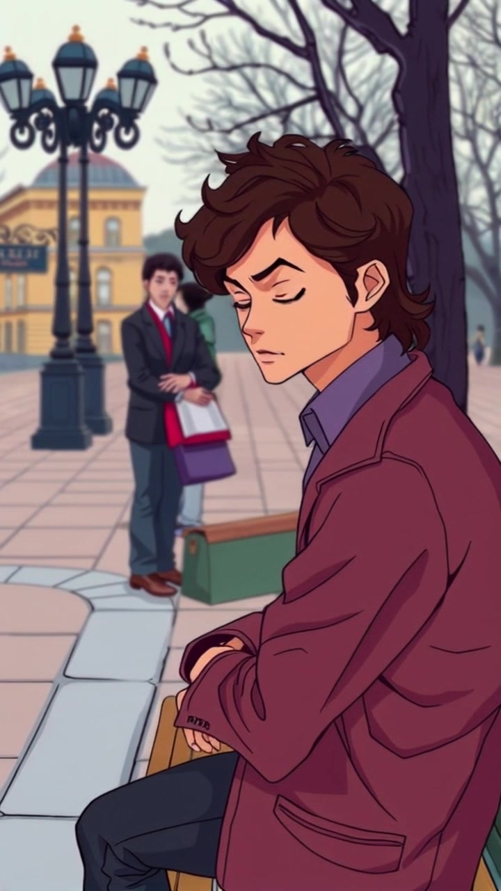 Subject: A contemplative person on a park bench, featuring slouched posture, casual clothing, and pensive expression. Scene: Peaceful park setting with gentle sunlight filtering through leaves, creating dappled patterns on the ground. Camera Language: Slow dolly in on the person to capture their introspective moment, conveying a sense of stillness and introspection. Lighting: Soft, golden hour illumination casting warm tones on the subject. Atmosphere: Quiet, reflective ambiance adding depth to the contemplative mood.