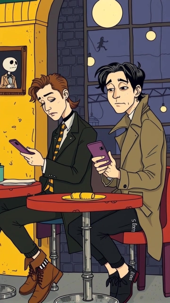 Subject: Two individuals in the cafe, appearing distant and dejected, engrossed in their phones. Subject Description: Dressed in casual attire, slouched posture, subdued expressions. Subject Movement: Both individuals remain still, with minimal interaction. Scene: Cozy cafe interior with muted lighting, scattered tables and chairs. Camera Language: Slow zoom out to reveal the somber atmosphere of the cafe, emphasizing the emotional distance between the individuals. Lighting: Soft, diffused light creating a melancholic ambiance. Atmosphere: Melancholic, isolated, introspective.