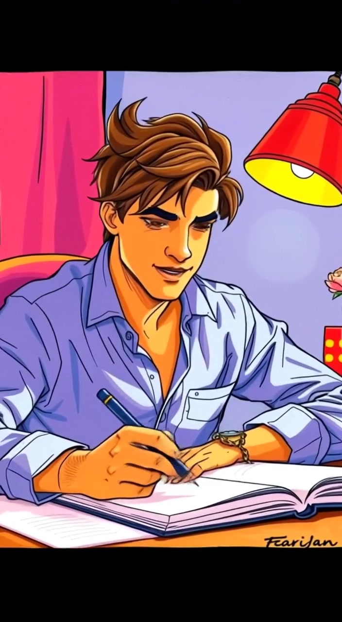 The young man writes thoughtfully in a notebook, the warm light of the lamp softly illuminating the page.