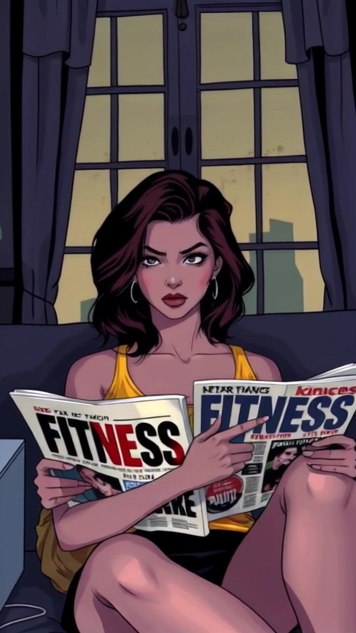 Subject: A person sitting on a couch, flipping through fitness magazines. Subject movement: The person shifts slightly, raising an eyebrow in disinterest as they glance at the pages. Scene: A cozy living room filled with warm colors and soft lighting, featuring a plush couch and a small coffee table. Motion: The camera slowly pans in from a wide shot of the room to a close-up of the person's expressions, capturing the relaxed yet unmotivated atmosphere.