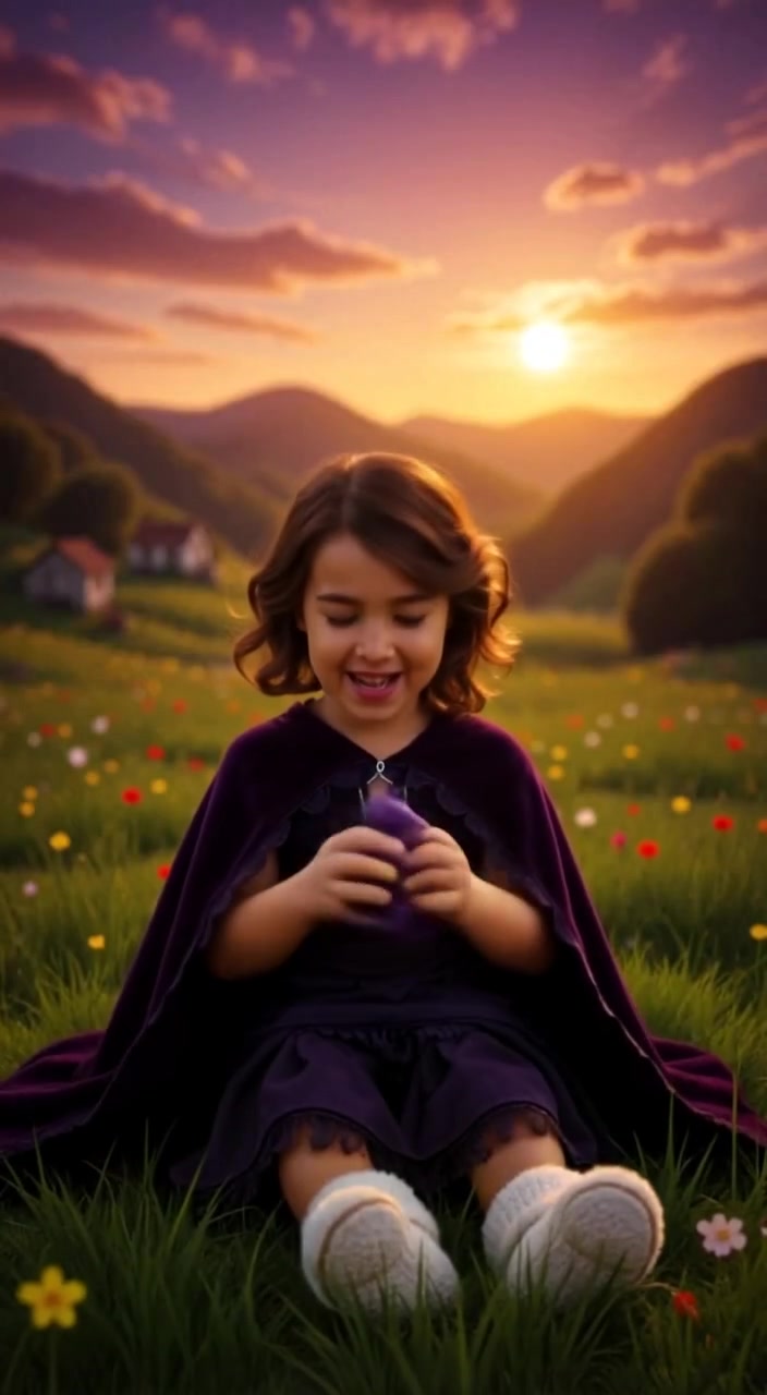 The child gently squeezes the soft toy while sitting on the grassy ground, a gentle breeze rustles around.