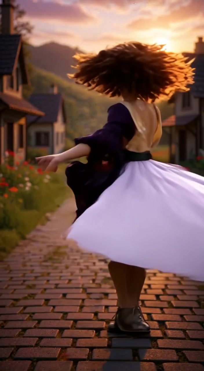 A woman twirls gracefully in a flowing dress, petals gently falling around her in a picturesque village.