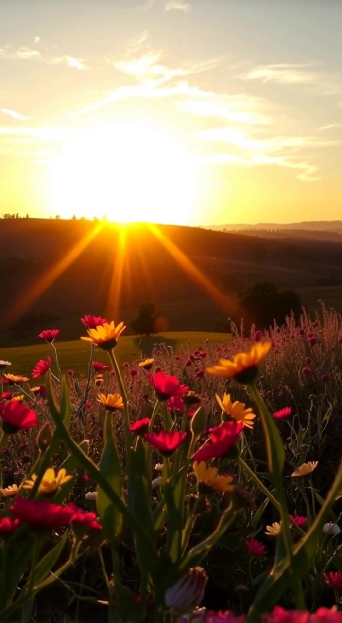 The wildflowers gently sway in the morning breeze as golden sunlight spreads over the vibrant field at sunrise.