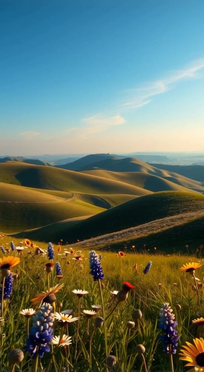 A gentle breeze causes wildflowers to sway on the rolling hills under a clear blue sky.