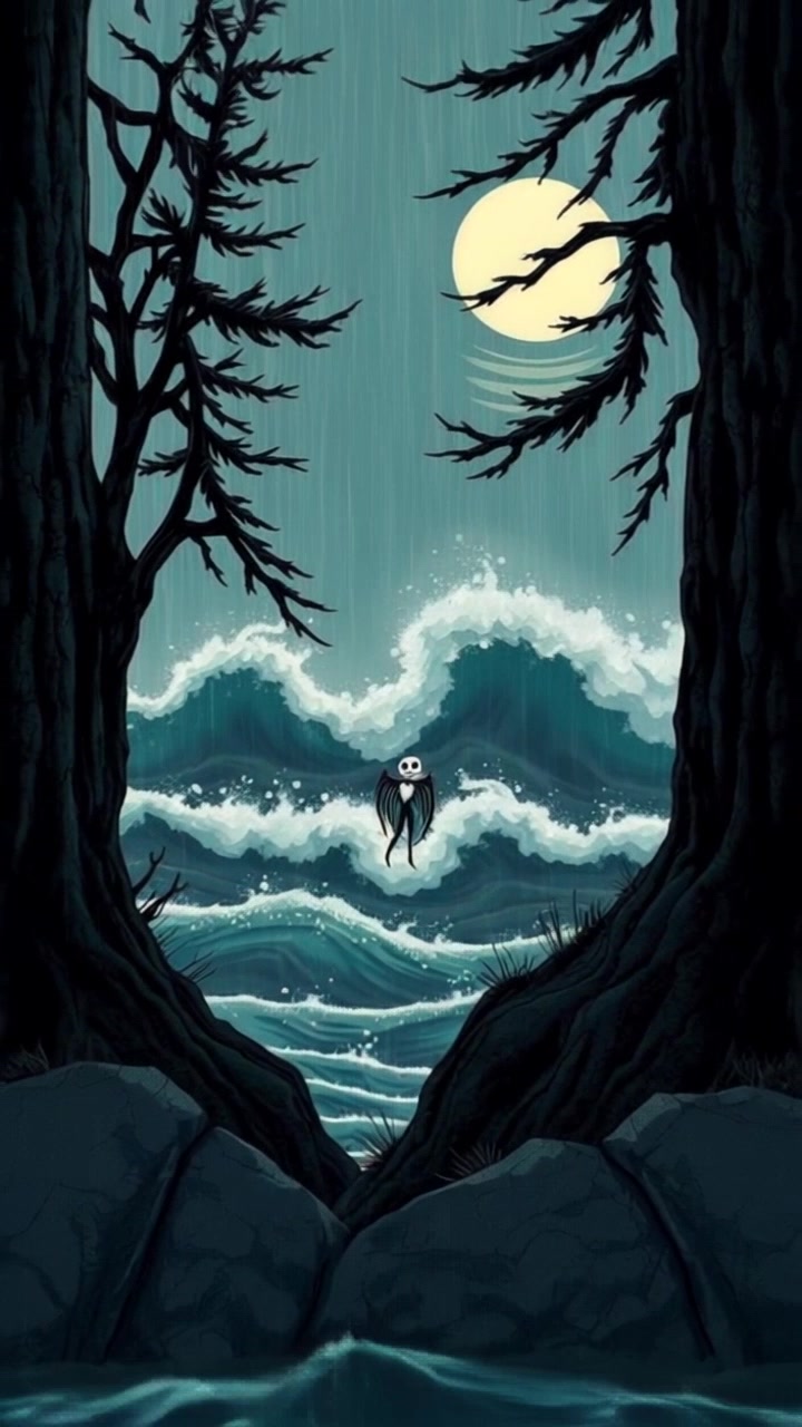 A dark, stormy forest with heavy rain falling, trees swaying in the wind.