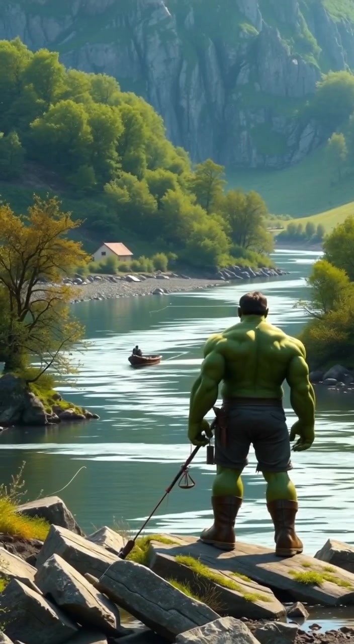 Hulk, the green giant, stands near a river with fishing gear, ready to cast a line.