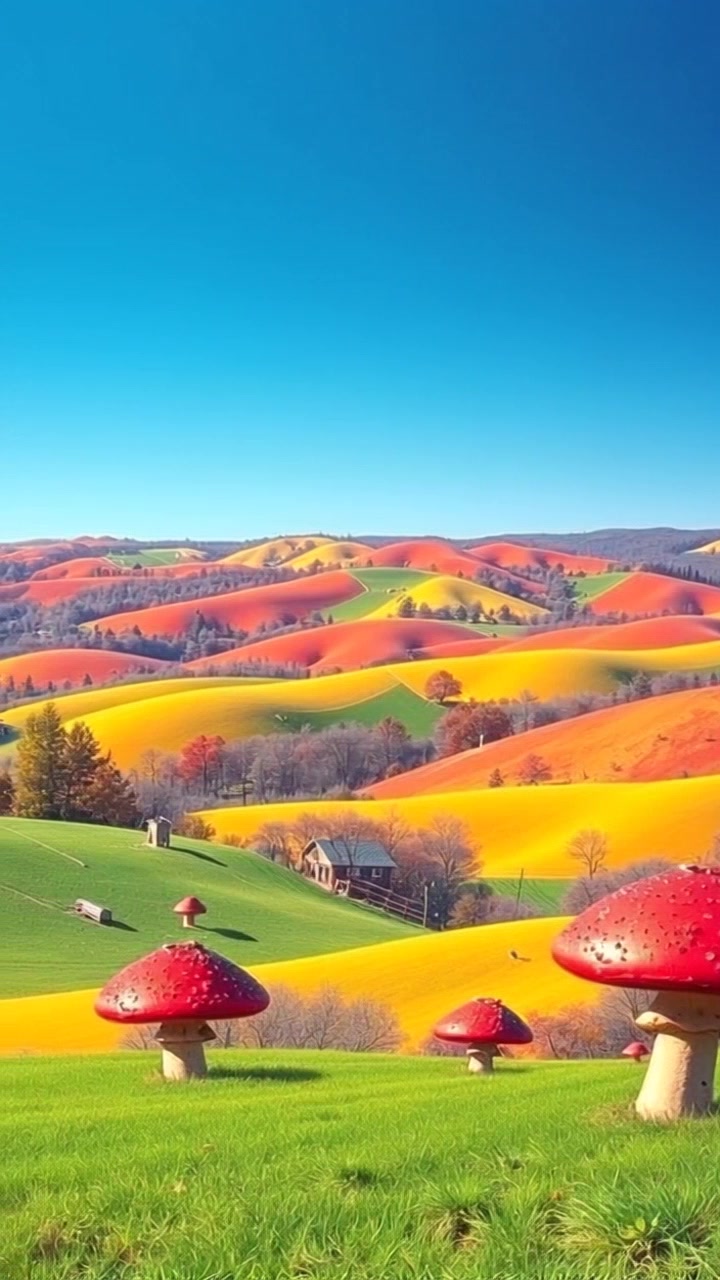Scene: A breathtaking landscape of Ridge, Arkansas, featuring rolling hills under a clear blue sky. Style: Bright, midday lighting enhancing the vibrant greenery of the hills and the richness of the sky. Motion: The camera glides smoothly over the hills, creating a sweeping panoramic view as it captures the serene beauty of the rural landscape.