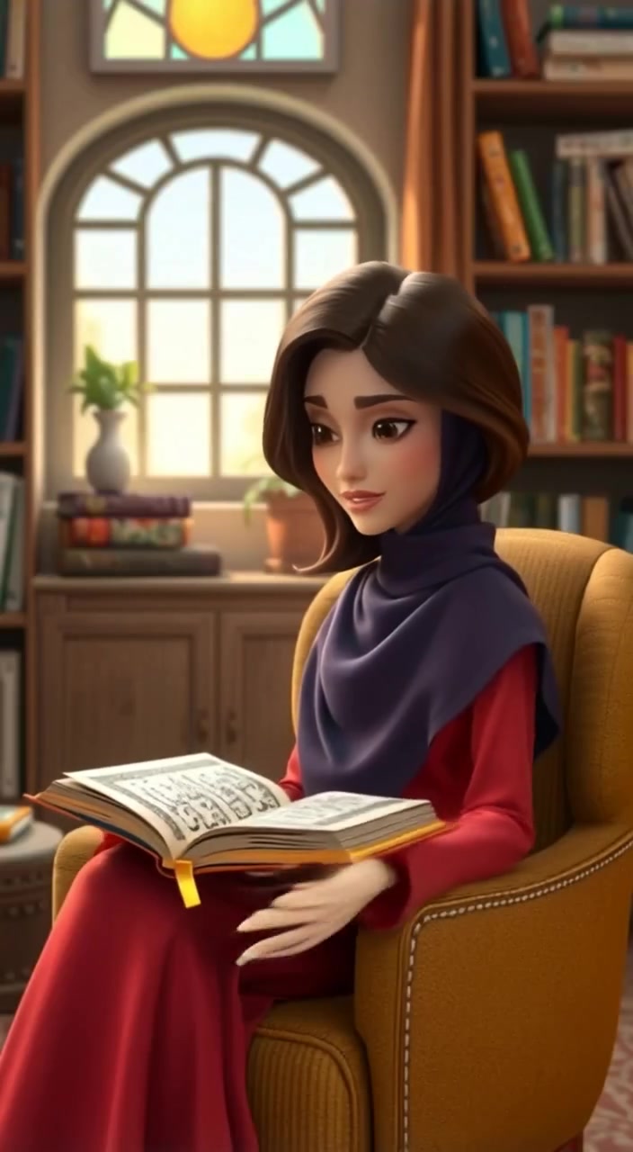 The woman gently turns the pages of the Quran, her expression thoughtful in the cozy room.