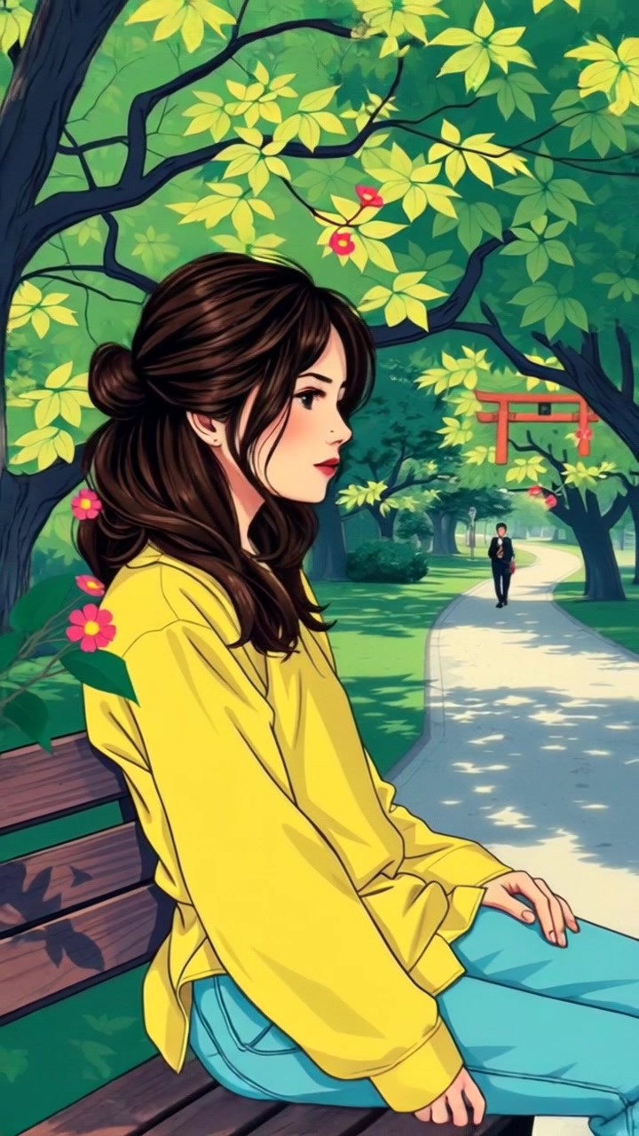 Subject: You sitting on a bench. Subject movement: You gaze thoughtfully down a distant path, occasionally shifting position as if considering your surroundings. Scene: A serene park filled with lush greenery, with trees gently swaying in a light breeze. Style: Soft morning light filtering through the leaves, creating a warm and inviting atmosphere. Motion: Camera starts with a closeup on your contemplative expression, then pulls back slowly to reveal the tranquil surroundings, ultimately transitioning to a wide shot of the park as the leaves flutter in the wind.