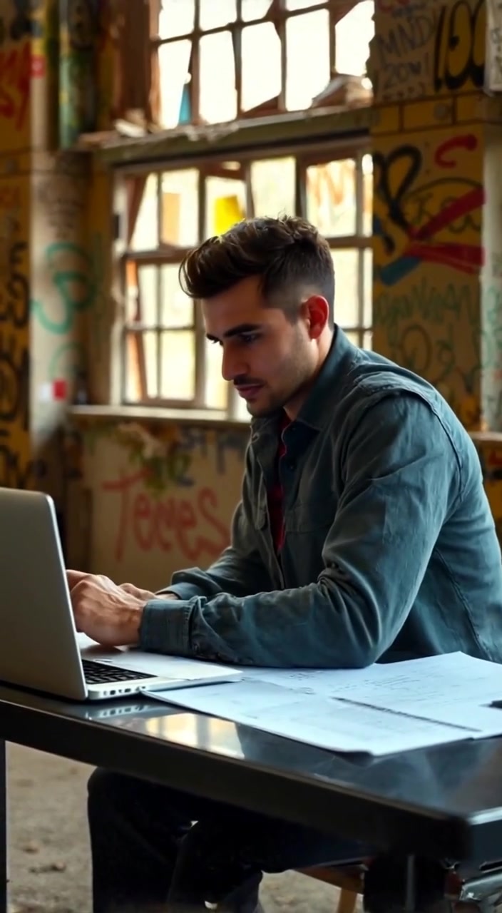 The man leans forward, intently studying the charts and graphs displayed on the laptop screen.