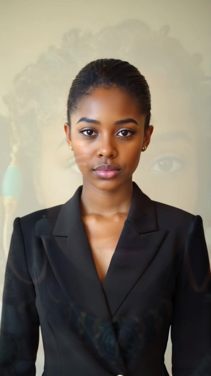 Subject: A confident young woman with piercing eyes and stylishly slicked-back hair, wearing a classic black blazer. Subject Movement: Still, exuding poise and self-assurance. Scene: Minimalist, neutral background enhancing the woman's presence and focus. Camera Language: Slow push-in to reveal the woman's determined expression. Lighting: Soft, even lighting casting a flattering glow on her features. Atmosphere: Empowering, understated elegance.