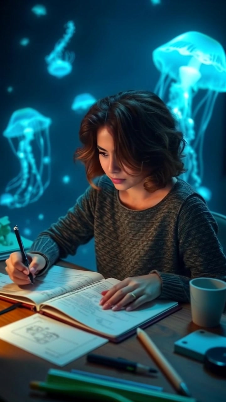 Scene: A cozy workspace featuring a wooden desk cluttered with notes and sketches, sunlight filtering through a nearby window. Style: Warm afternoon light enhances the inviting atmosphere, casting soft shadows across the desk surface. Motion: The camera slowly pushes in on the focused activity of writing, capturing the intricate details of the notebook as pen glides across the pages.